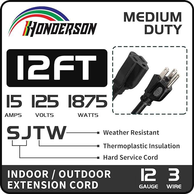 Honderson Indoor Outdoor Extension Cord Weatherproof, Ul Listed, 12 Gauge 12Ft Black 3 Prong Heavy Duty, 12/3 Sjtw 15A Power Cor