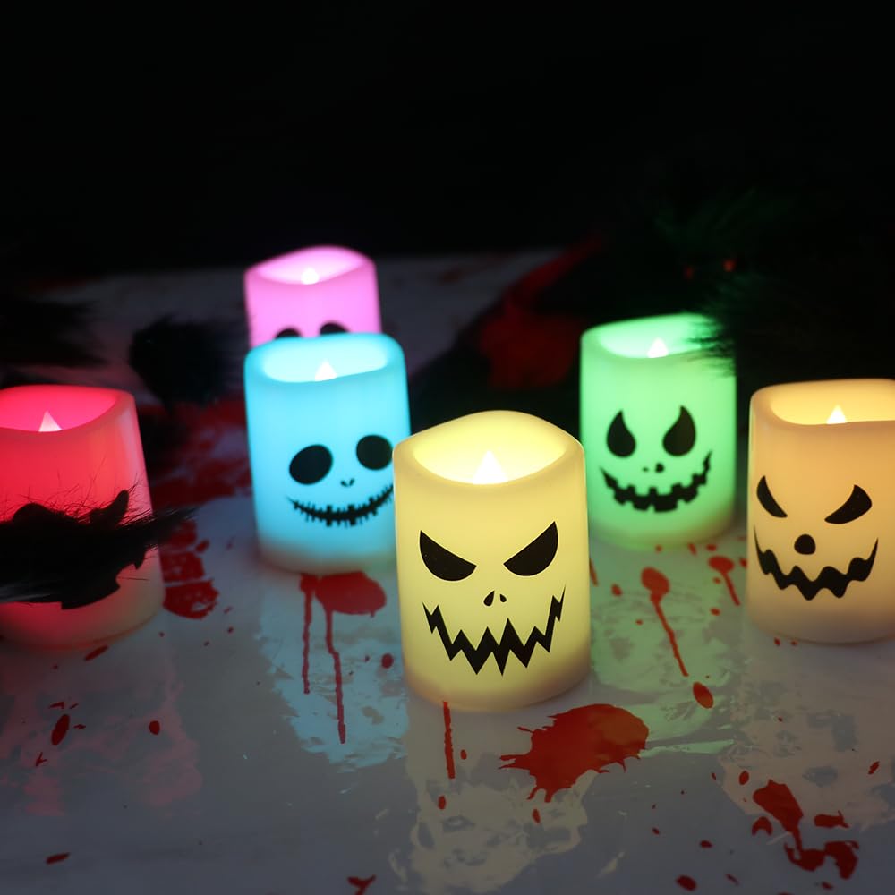 Kunswenn Halloween Candles, Halloween Tealights Candles Battery Operated, Flameless Flickering Colorful Votive Candles With Remo
