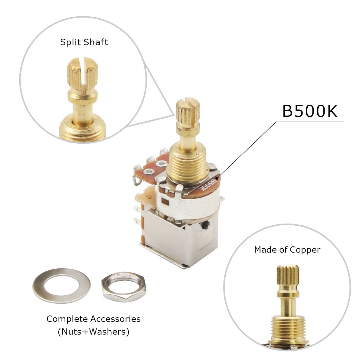 Fleor 2Pcs B500K Push Push Guitar Pots Short Copper Split Shaft Linear Taper Potentiometers