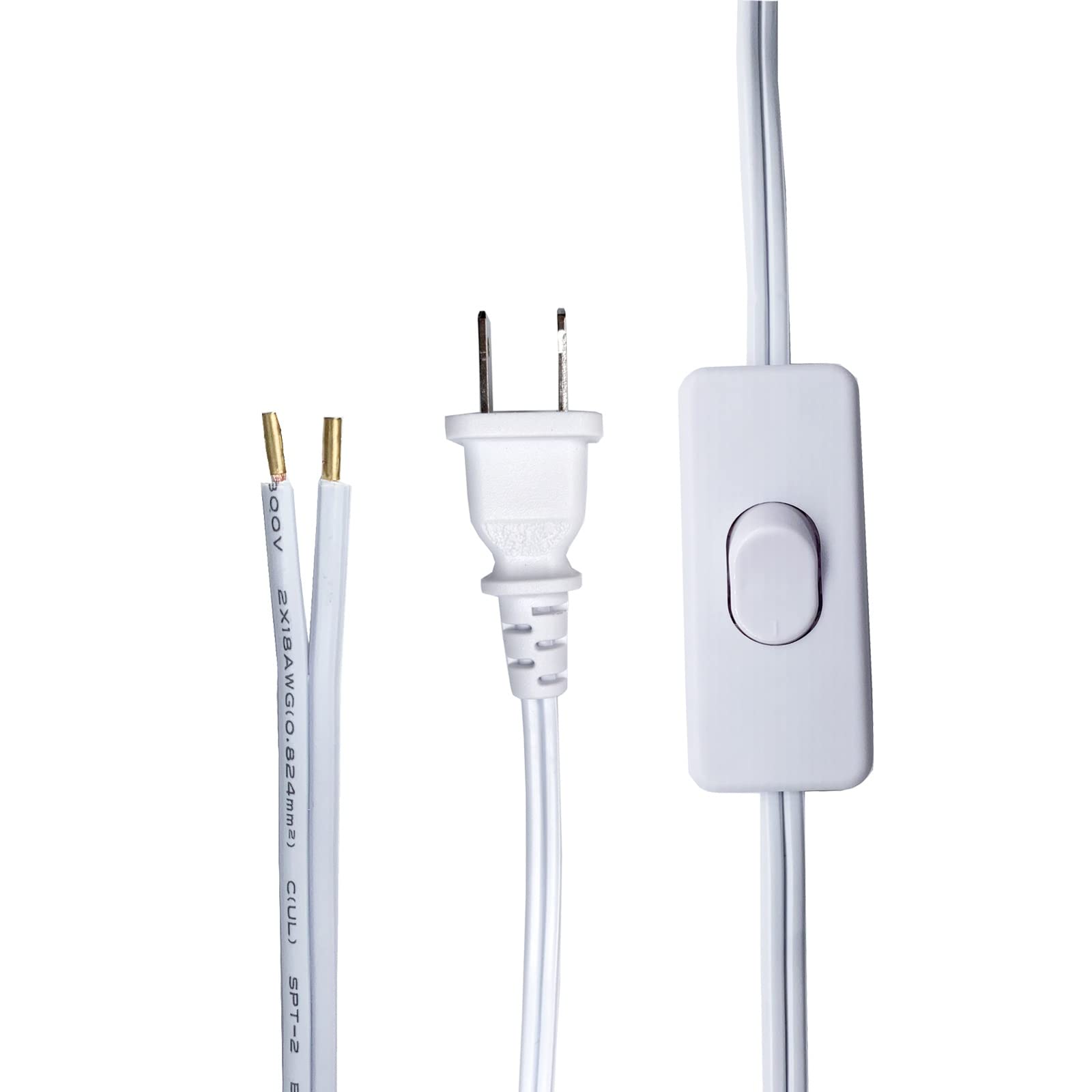 Lamp Cord With Switch Plug, 2 Prong Extension Cord 6 Feet, White Lamp Cord Replacement, 18 Awg Power Cord, Stripped Ends Ready F