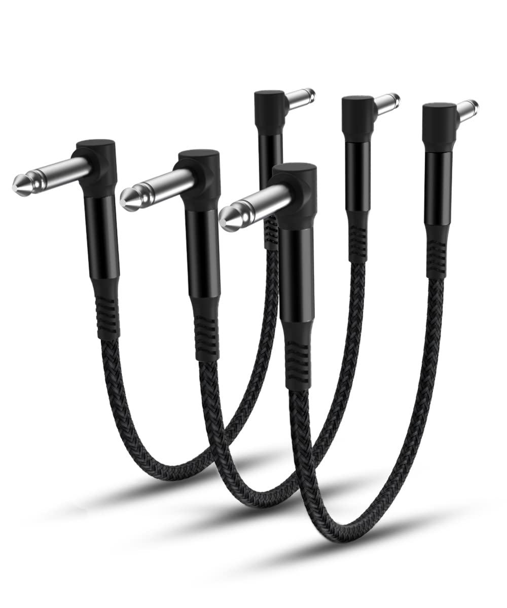 Elebase Guitar Patch Cables 3 Pack, 6 Inch 6.35Mm Effects Pedal Board Cable 1/4 Inch Right Angle Braided Audio Cord Shielded Ts