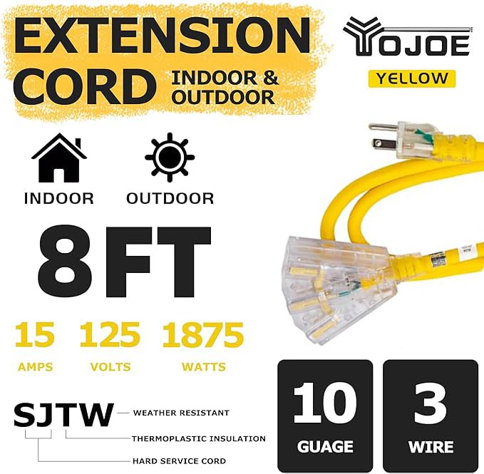 Yojoe 3 Outlets Indoor Outdoor Extension Cord With Lighted End, 3 Prong 15A Weatherproof Power Cord, 10 Gauge Heavy Duty 8 Ft Ye