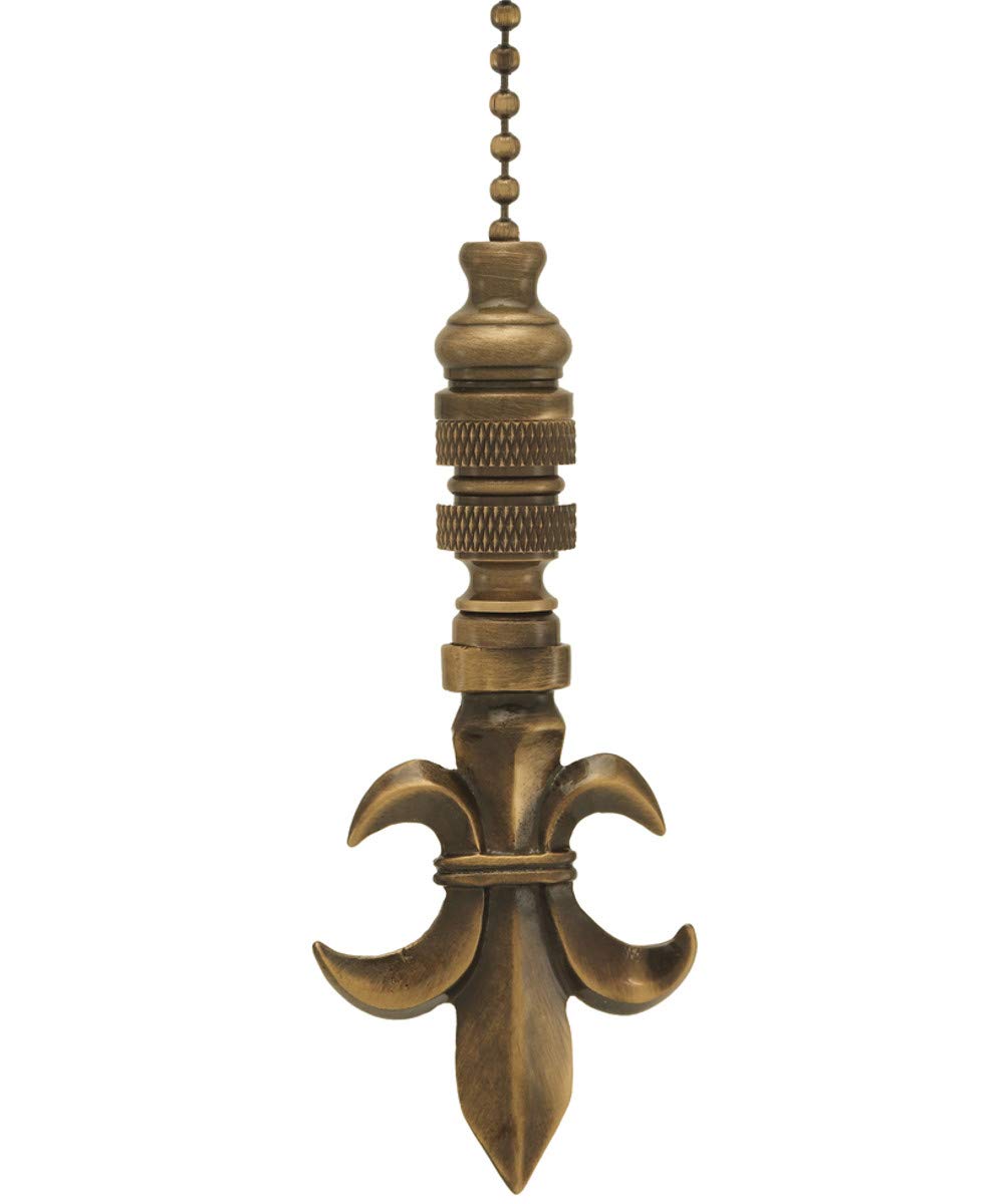Fleur De Lis Ceiling Fan Pull, 3.2''H With 12'' Antiqued Brass Chain