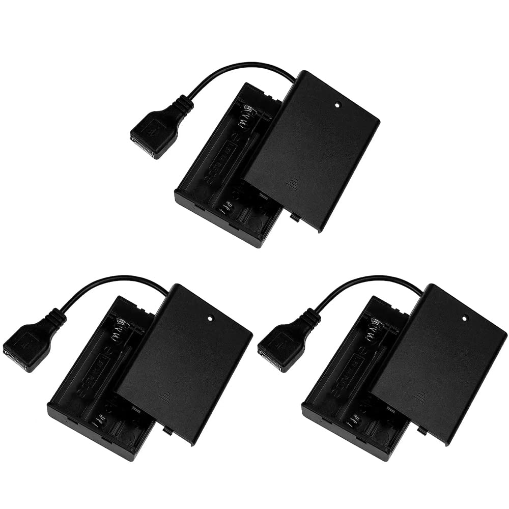 (Pack Of 3) Usb 3 Aa Battery Holder,Usb Battery Holder 5V Black With Switch,Usb Cable,3 Aa Battery Holder With Micro Usb Connect