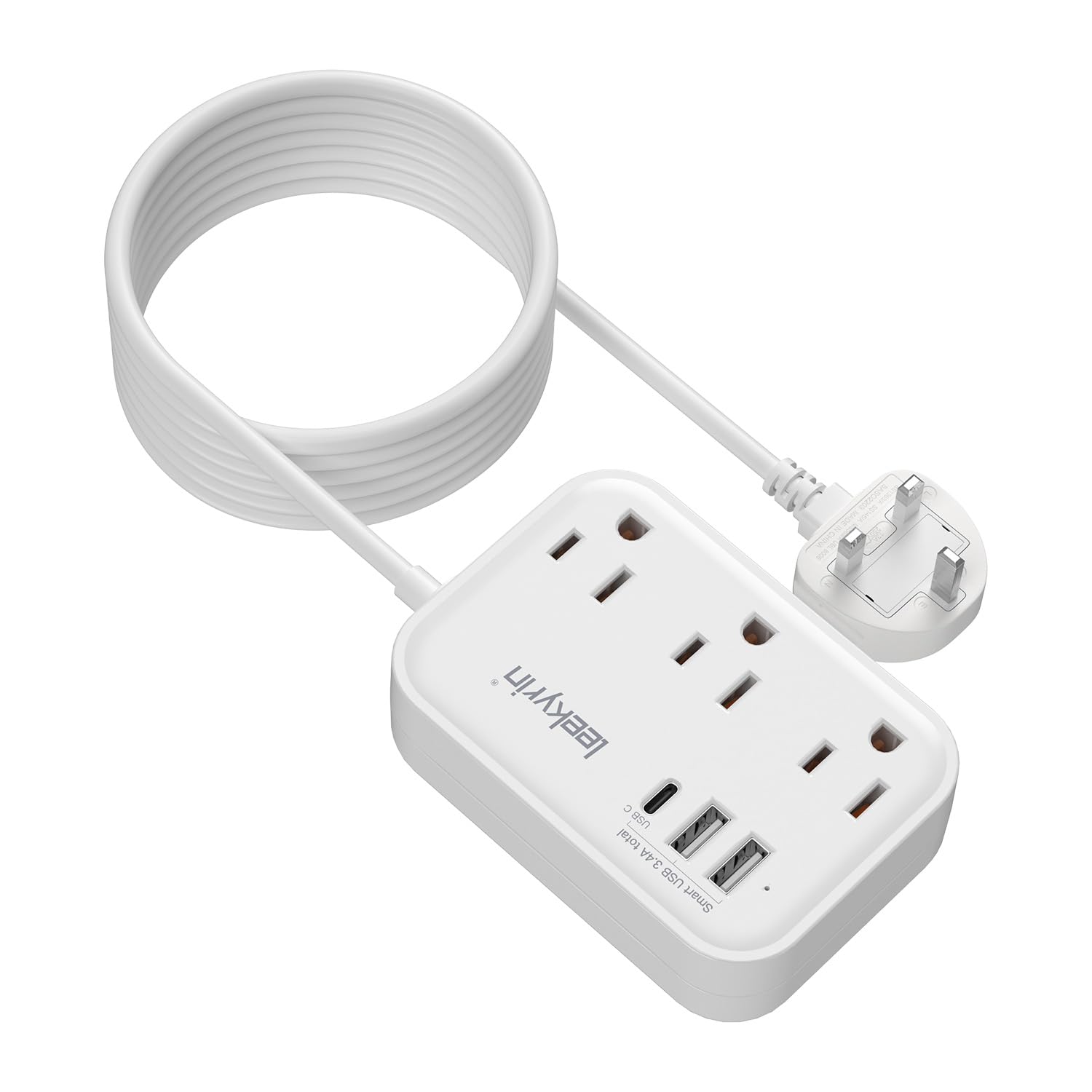 10Ft Extension Cord With Uk Plug Adapter, Us To Uk Plug Adapter With 3 Outlets 3 Usb Charging Ports (Usb C), Type G Travel Adapt