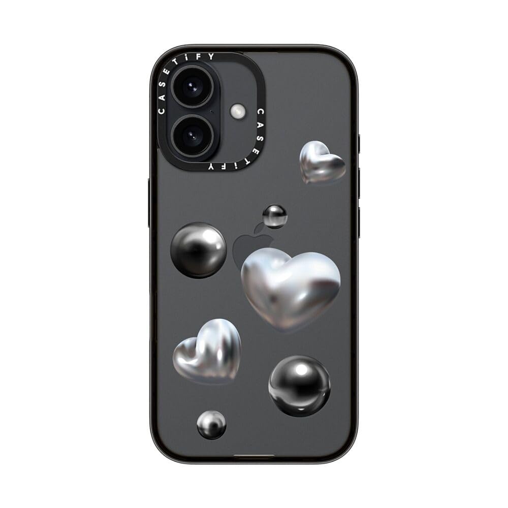 Casetify Compact Case For Iphone 16 [Lightweight / 4 Ft. 2X Military Grade Drop Protection/Slim]   Chrome Love   Clear Black
