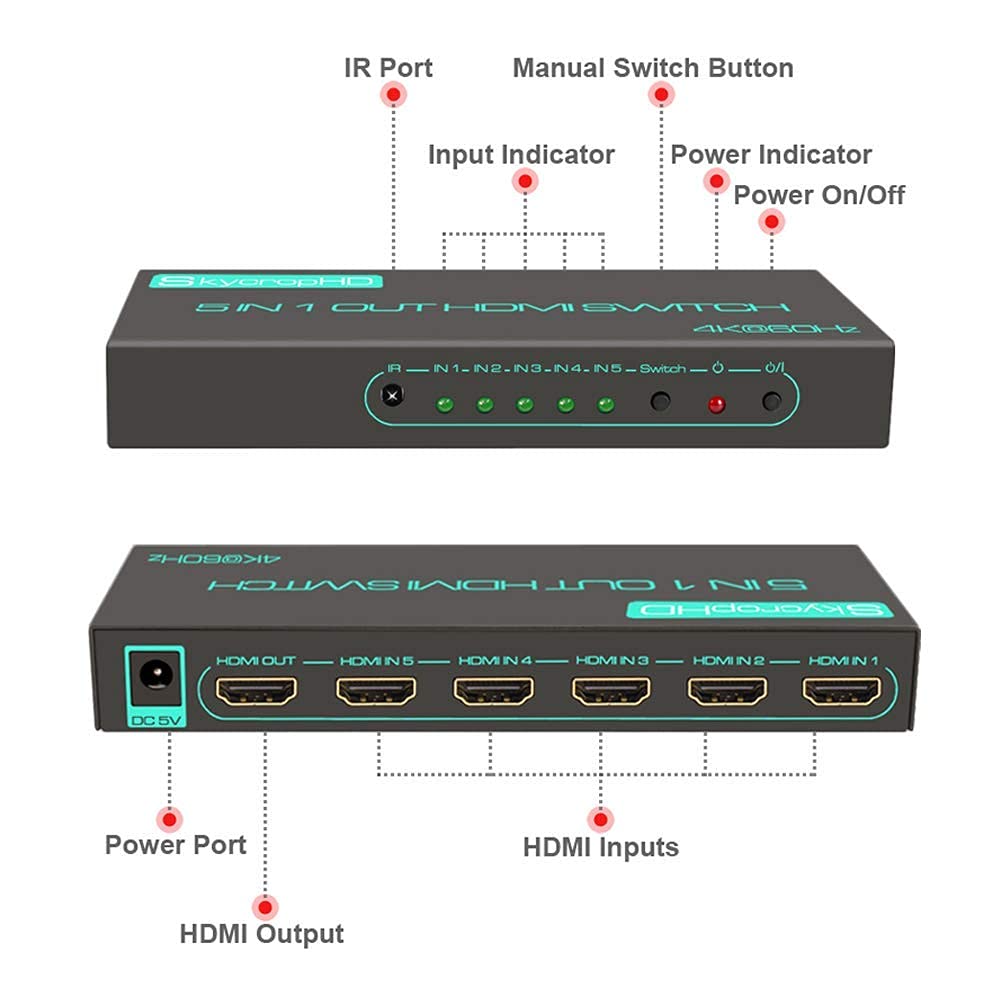 (Newest Version) 4K@60Hz Hdmi Switch, Skycrophd 5 Port Hdmi 2.0 Switcher With Remote Support Auto Switch, Hdr10, Dolby Vision, D