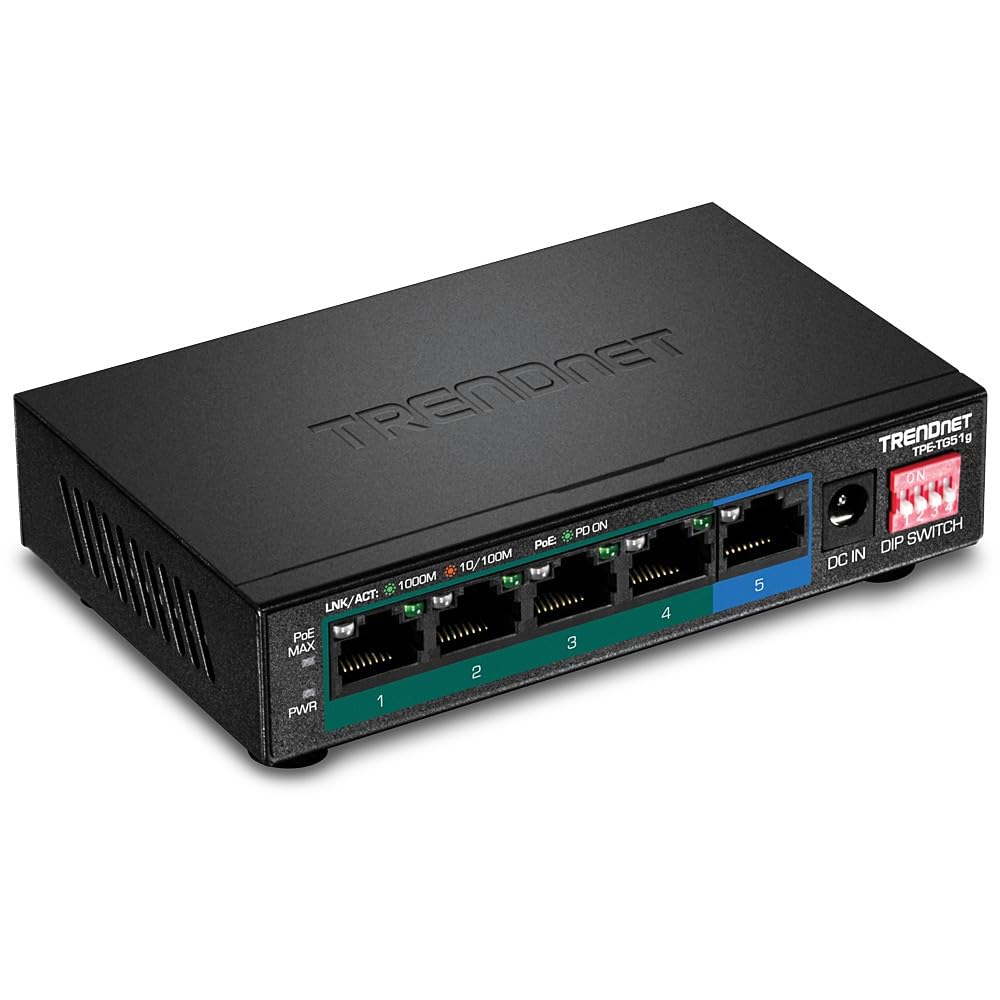 Trendnet 5 Port Gigabit Poe+ Switch, Camera Dip Switch Extends Poe+ 200M (656 Ft), 60W Poe Budget, Black, Tpe Tg51G