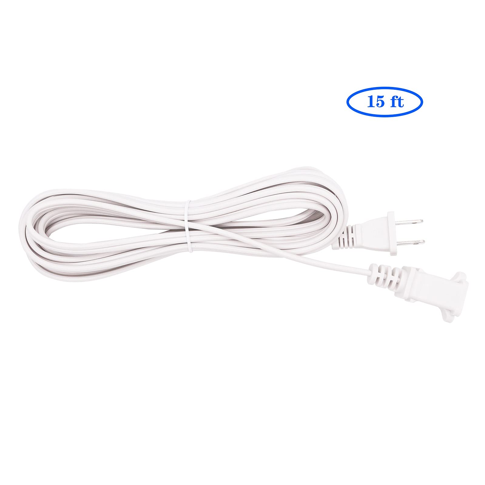 Two Prong Extension Cord 15 Ft White Indoor Ac 2 Prong Male And Female Power Cable Polarized For Nema 1 15P To 1 15R