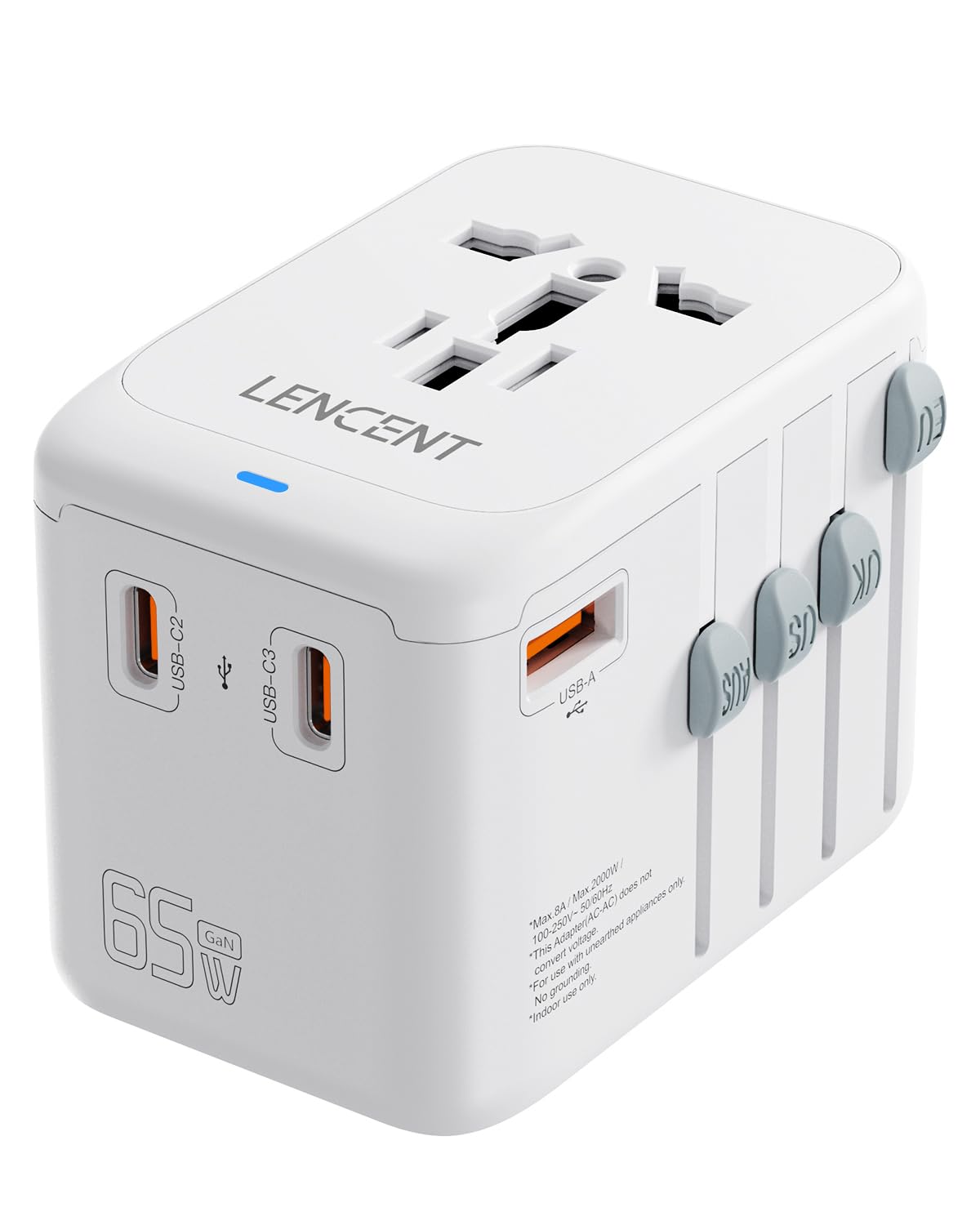 Lencent International Travel Adapter, Gan Iii 65W Universal Travel Charger With 1 Usb A & 3 Usb C Pd Fast Charging, Outlet Adapt