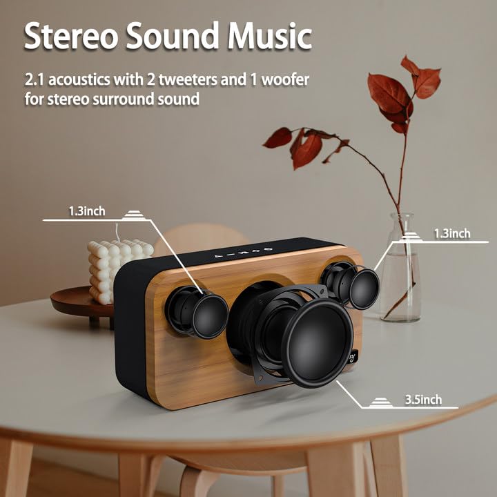 Bluetooth Speaker With Deep Bass, 40W(Peak) Wireless Portable Speaker With Tws, Aux, Tf Card, Stereo Sound Wood Home Audio Sync