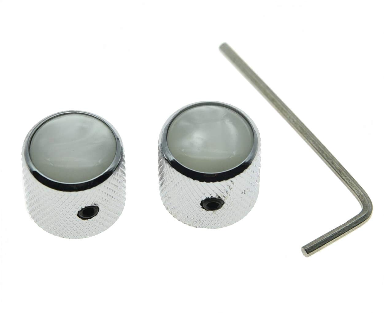 Kaish Set Of 2 Chrome With White Pearl Cap Guitar Knobs Pearl Top Dome Knobs Bass Knob With Set Screw For Tele/Telecaster