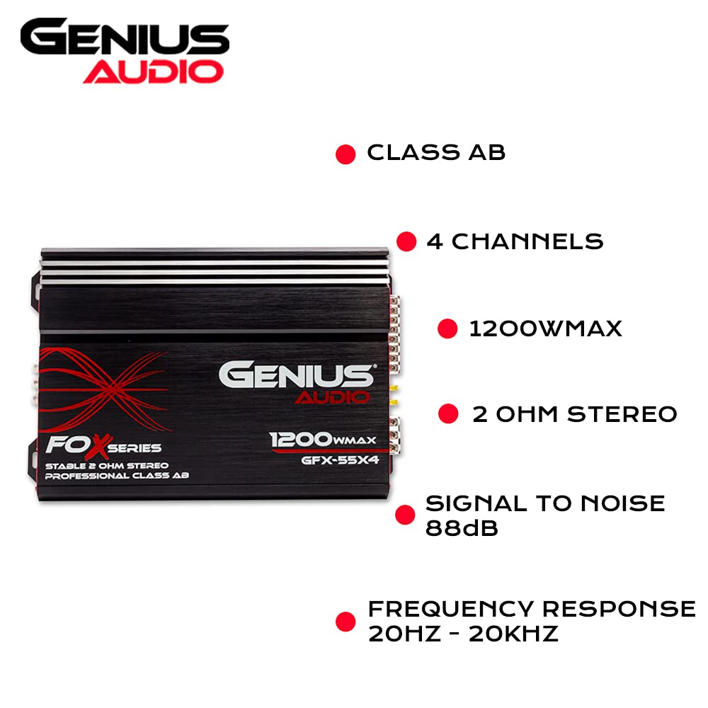 Genius Audio Gfx 55X4 Full Range Powered Car Amplifier Multichannel 1200 Watts Max Class Ab 2 Ohm Stable With Power Protection S