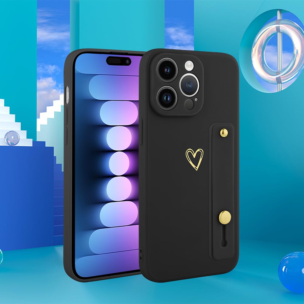 Ufbara Phone Case Compatible With Iphone 15 Pro Max 6.7 Inch For Women Girls, Cute Gold Love Heart Pattern With Wrist Hand Holde