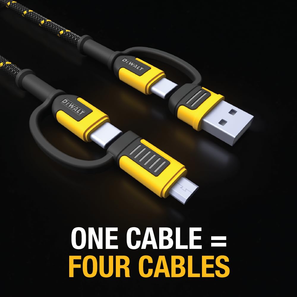 Dewalt 4 In 1 Cable, Type C/Micro Usb/Usb Cable For Iphone 16, Iphone 15, Ipad Charger Cable Usb C, Huawei, Htc, Lg, Samsung Galaxy, Android Smartphones, Ipad Pro, Micro C Charging Cable (6Ft, Black)