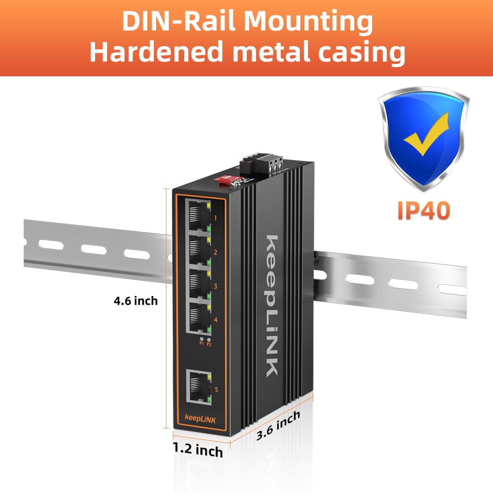 Keeplink 5 Port Industrial Gigabit Switch Unmanaged, Ethernet Din Rail Switch, Ip40 Operating Temperature Range Of  30   75C ( 2