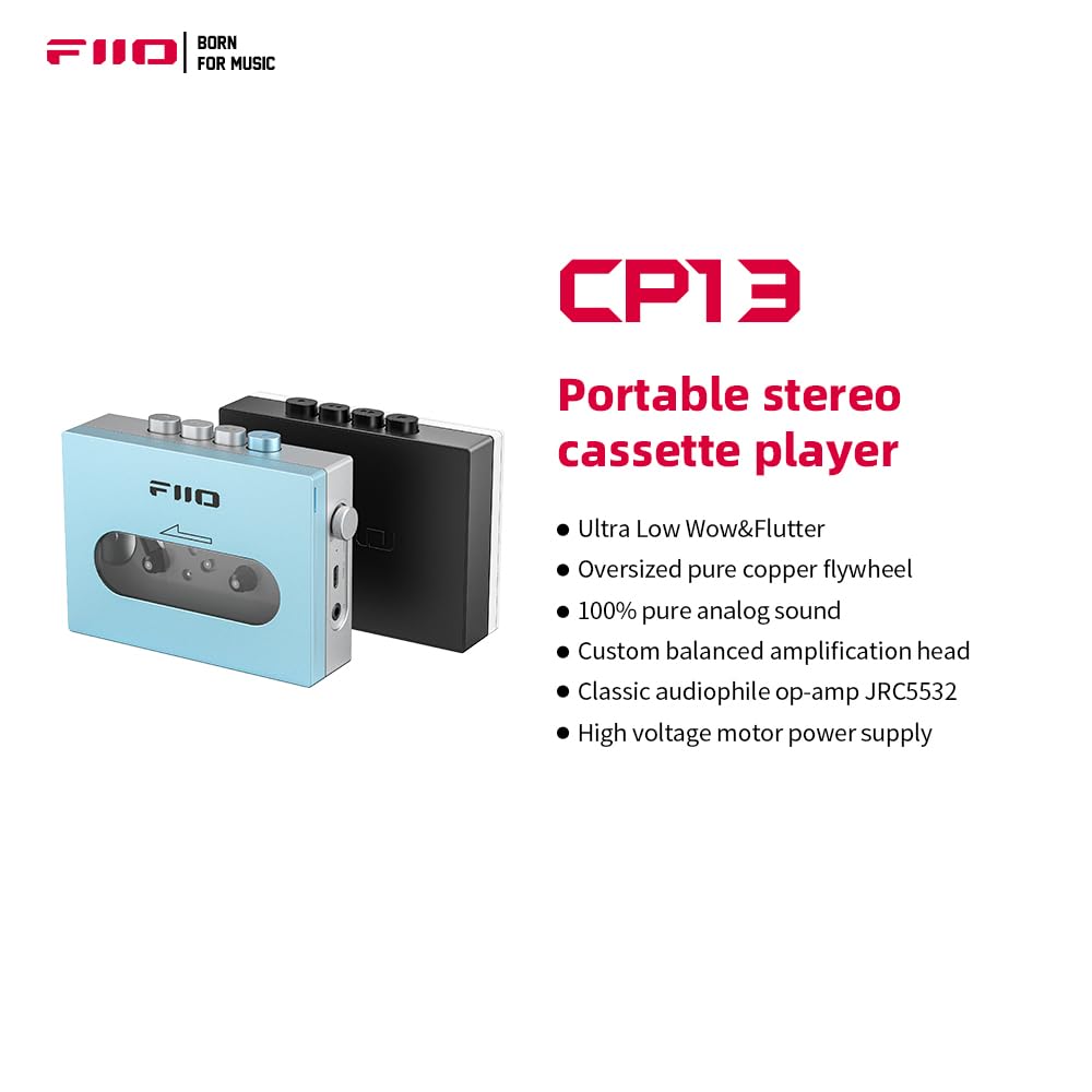 FiiO CP13 Portable Cassette Tape Player - Ultra-Low Wow & Flutter, Type-C Powered, Sky Blue
