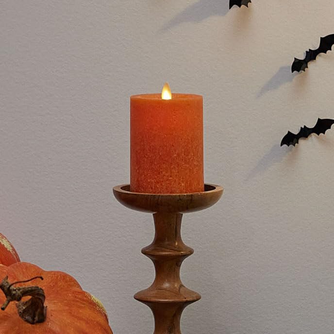 Luminara Sea Glass Flameless Candle, Harvest Pumpkin 3'' X 4.5'', Moving Led Flame Pillar With Timer, Battery Operated, Real Wax