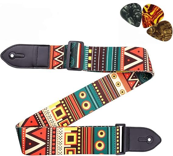 Hoaxer Guitar Strap  Soft Adjustable Classical Guitar Strap with Leather Ends, 35 55, 2 Wide, Ethnic Print  For Acoustic, 