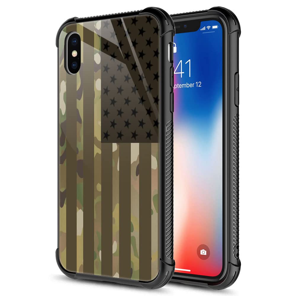 Iphone Xr Case, Camo Us Flag Iphone Xr Cases, Tempered Glass Back+Soft Silicone Tpu Shock Protective Case For Apple Iphone Xr