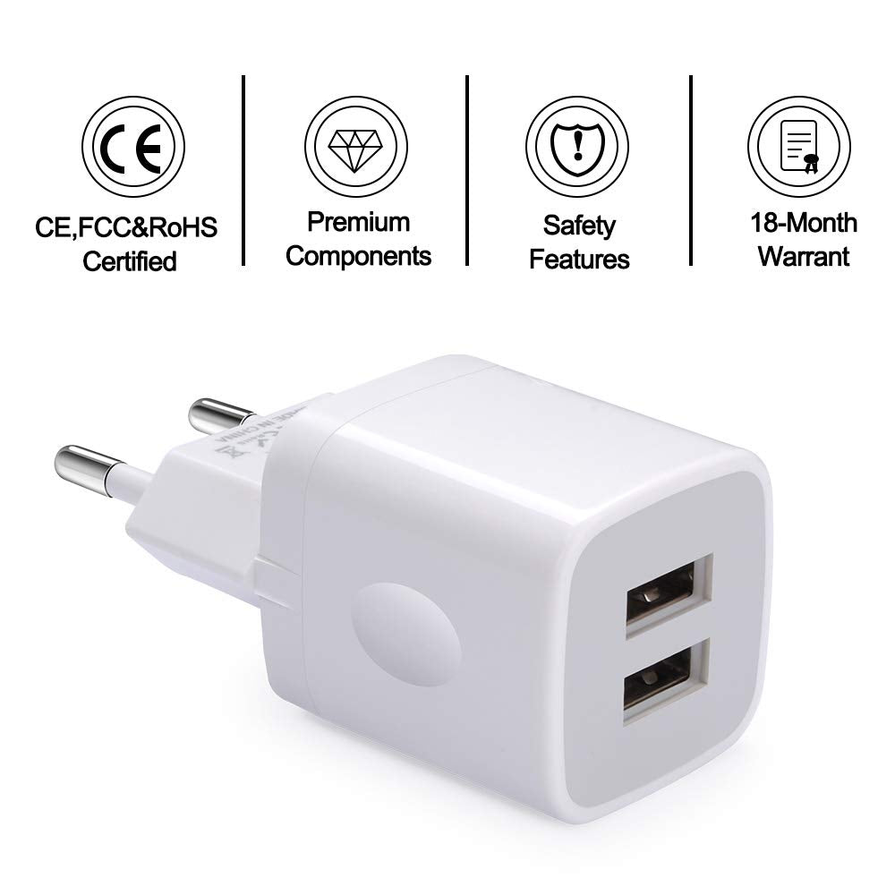 European Wall Charger, Vifigen 2 Pack Usb 2.1Amp Universal Europe Charger Block Dual Port Plug Compatible For Iphone 16 15 14 13 12 11 Pro Max Xs Xr X Se 8 7 6 Plus,Samsung S24 S23 A15,Note 20,Lg,Moto