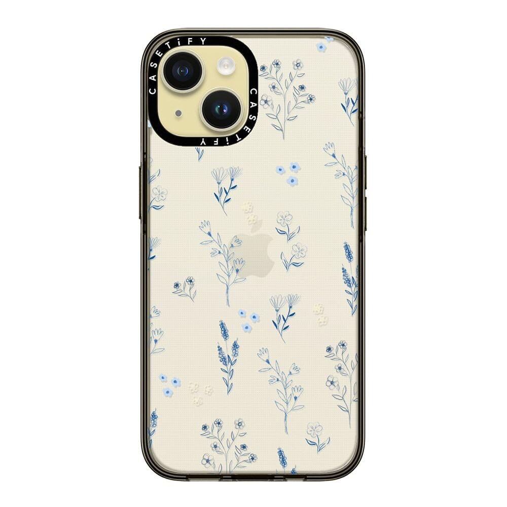 Casetify Compact Case For Iphone 15 [2X Military Grade Drop Tested / 4Ft Drop Protection]   Small Blue Flowers   Clear Black