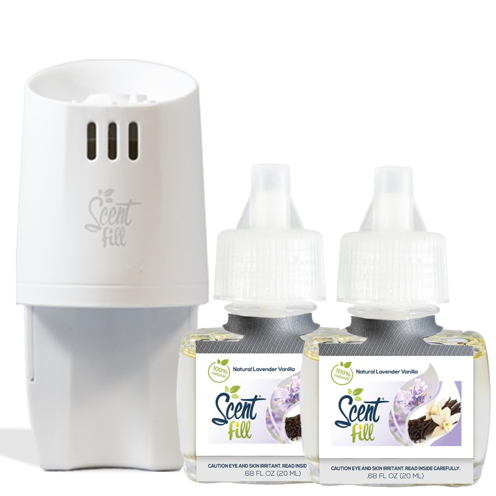 Scent Fill 100% Natural Lavender Vanilla Plug in Air Freshener, Scented Oil Refills, 2 Refills + Diffuser