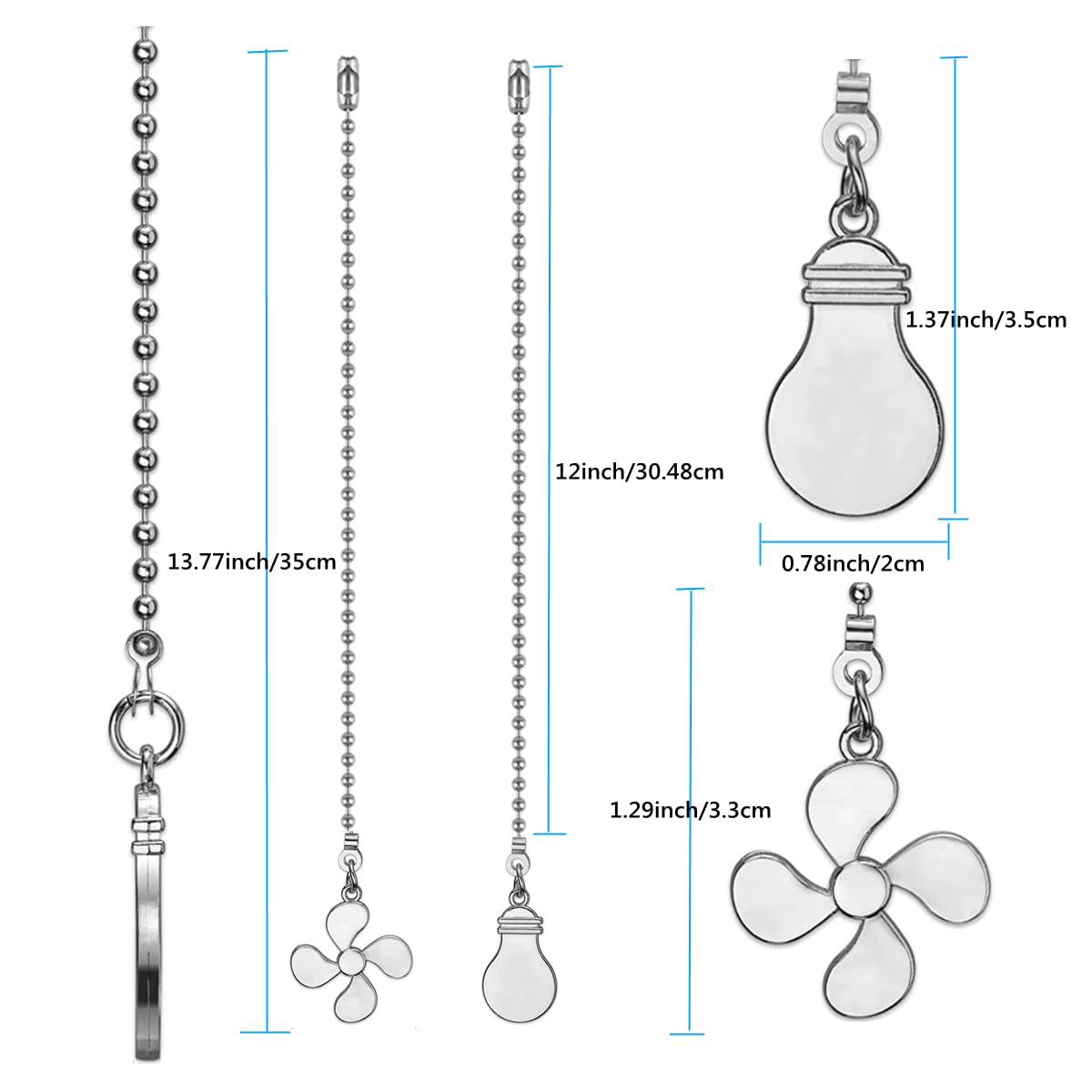 Ceiling Fan Pull Chain Set, 4 Pieces Bulb And Fan Pattern Pull Chain Extension Fan Pull Chain Pendant 12 Inch Ceiling Fan Chain