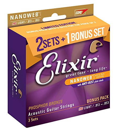 Elixir Strings 16547 Acoustic Phosphor Bronze Guitar Strings With Nanoweb Coating, 3 Pack, Hd Light (.013 .053)
