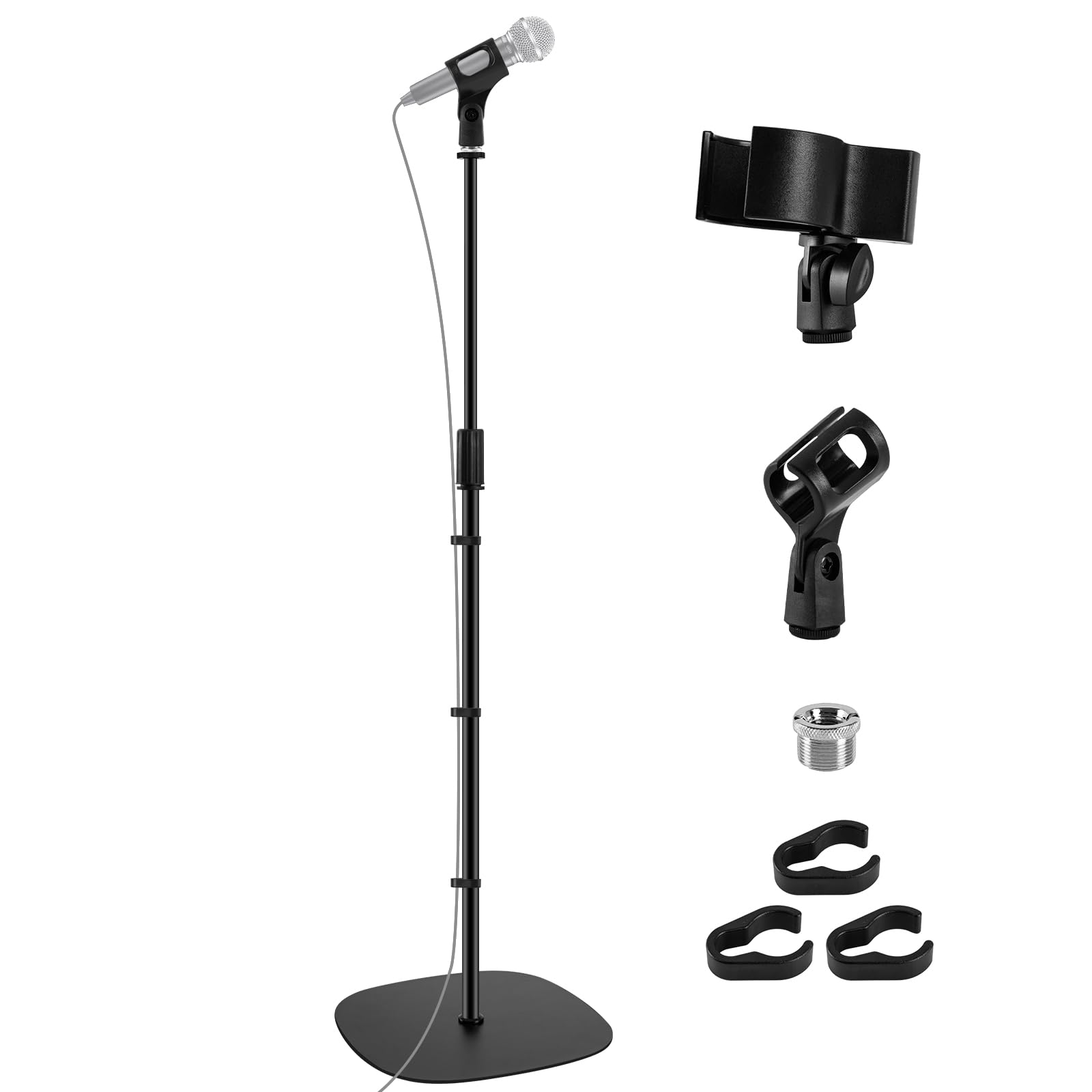BILIONE Microphone Stand Floor, 22-70 Height Adjustable Boom Mic Stand with Weighted Base, 2 Clips & 3/8 to 5/8 Adapter Comp