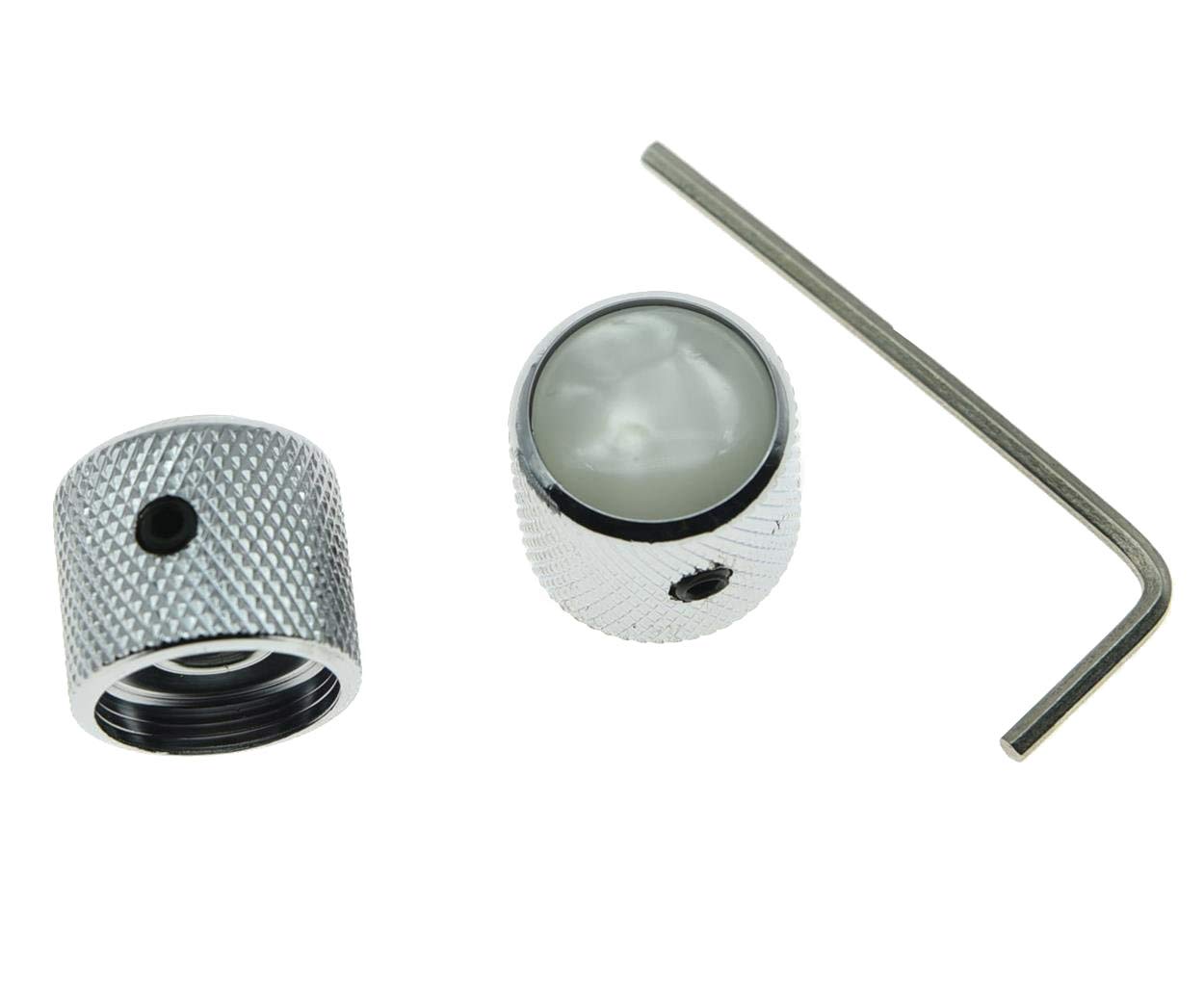 Kaish Set Of 2 Chrome With White Pearl Cap Guitar Knobs Pearl Top Dome Knobs Bass Knob With Set Screw For Tele/Telecaster