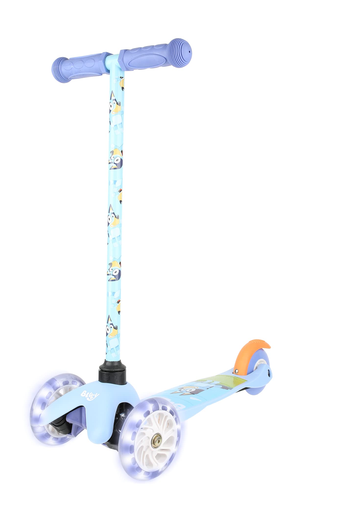 Bluey Self Balancing Kick Scooter With Light Up Wheels, Extra Wide Deck, 3 Wheel Platform, Foot Activated Brake, 75 Lbs Limit, K