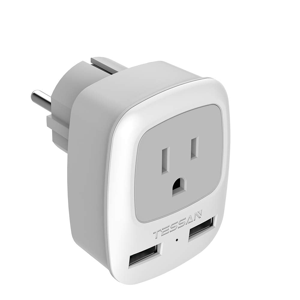Tessan Germany France Travel Power Adapter, Schuko European Plug With 2 Usb, Type E F Outlet Adaptor Charger For Us To Europe Eu