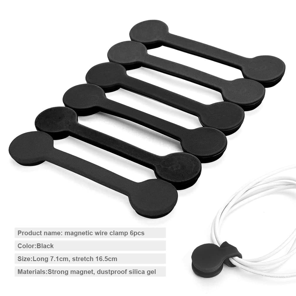 Viaky 6 Pcs Black Magnetic Cable Clips Organizer Earbuds Cords Winder Bookmark Whiteboard Noticeboard Fridge Straps Usb Manager