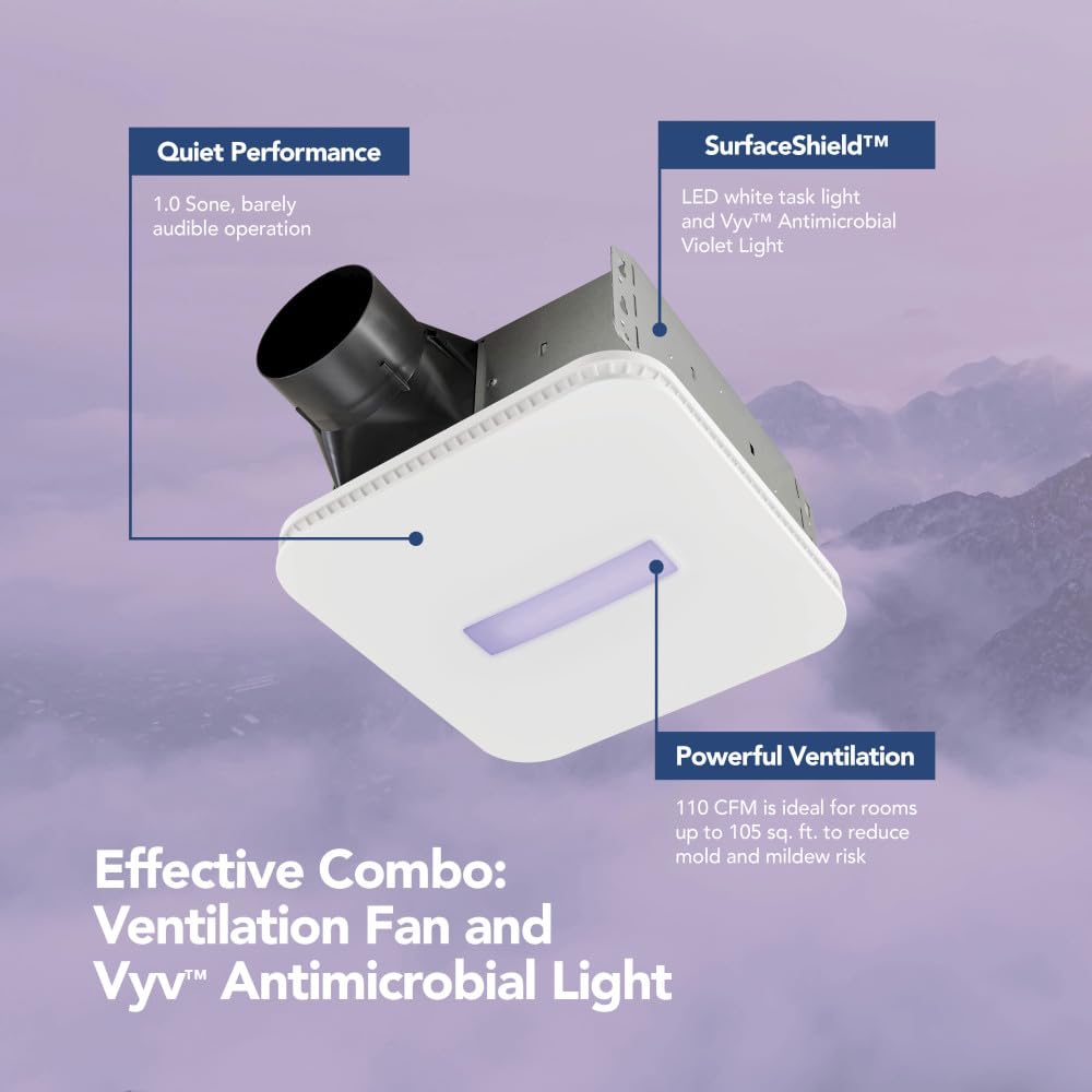 Broan Nutone Ar110Lkvv Surfaceshield Vital Vio Powered Exhaust Vent Led White Light & Violet Light, 110 Cfm, White