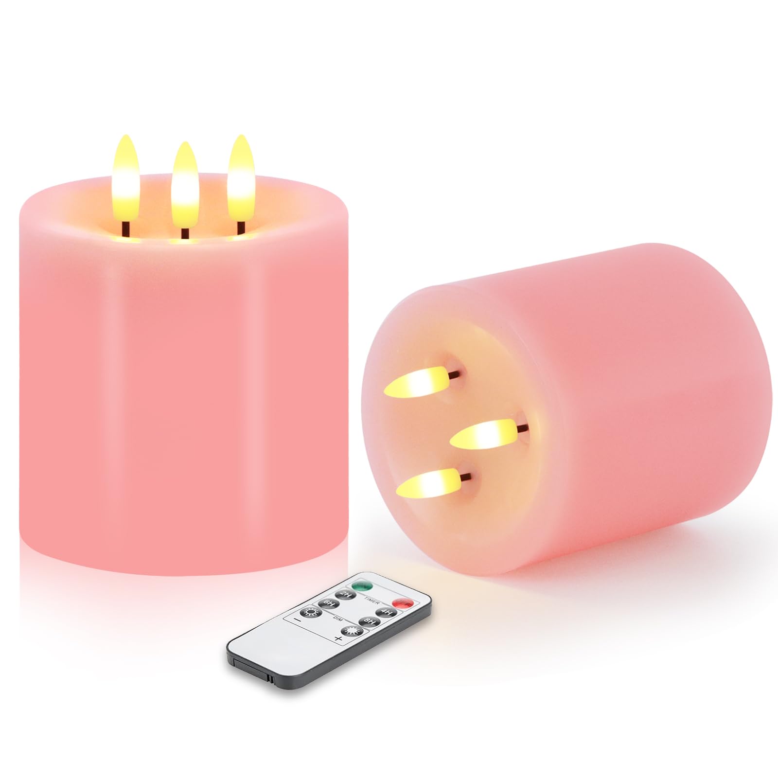Large 3 Wick Flameless Candles Set of 2, 4x4 Flickering Flameless Candles with Remote & Timer, Dimmable Real Wax LED Candles Bat