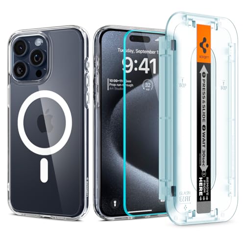 Spigen Magnetic Ultra Hybrid Magfit Pack Designed For Iphone 15 Pro Max Case, [Ez Fit Glass Screen Protector] [Anti Yellowing] [