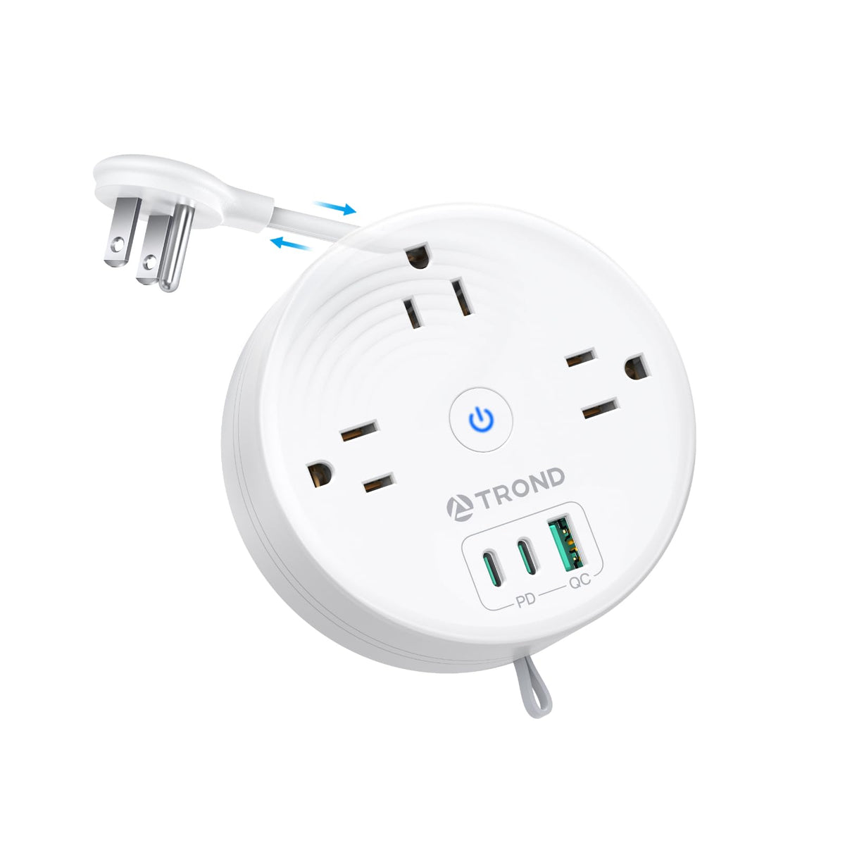 Trond 20W Usb C Travel Power Strip - Retractable Extension Cord 5Ft Ultra Thin Flat Plug, Power Strip With 3 Ac Outlets And Usb 