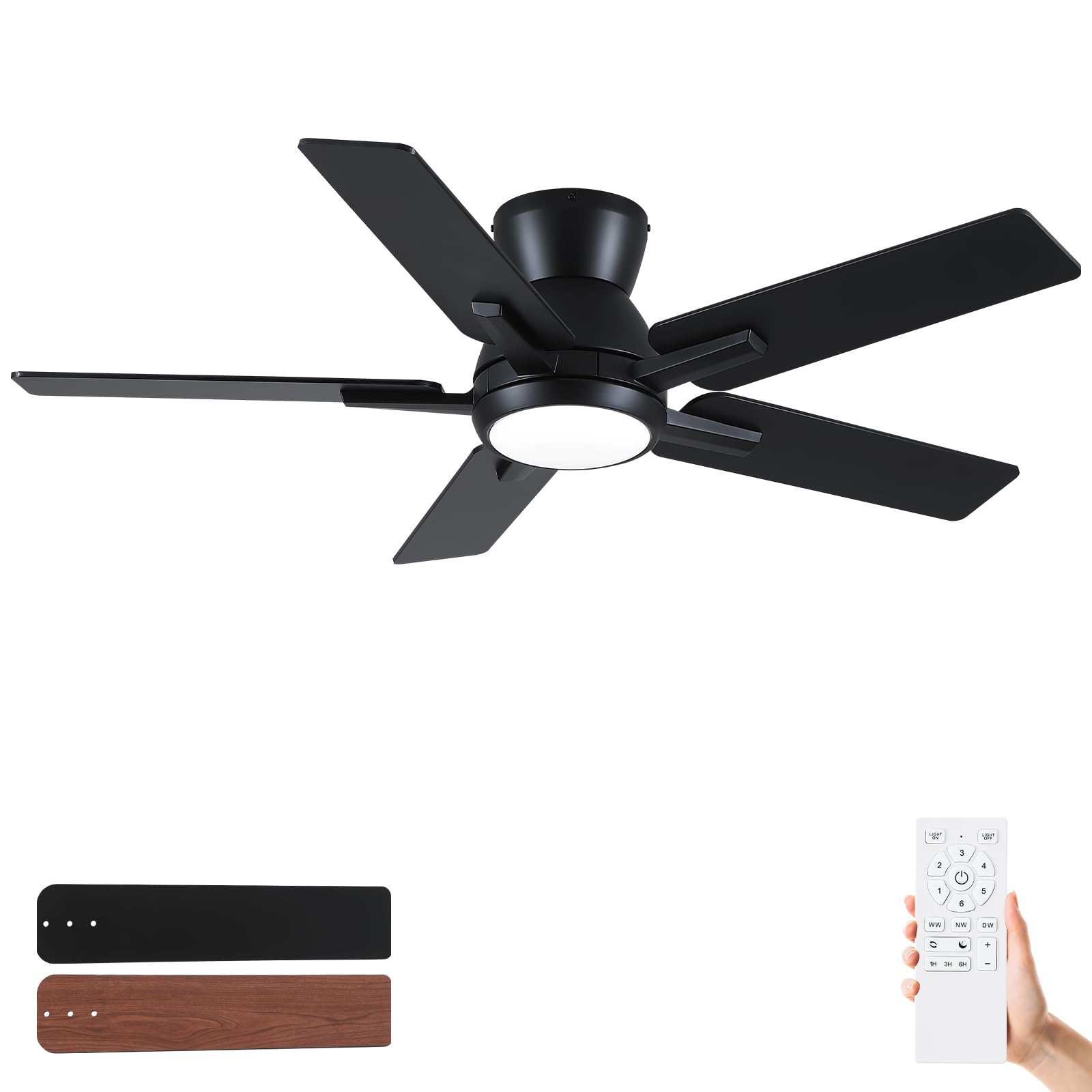 42 Inch Ceiling Fans With Lights,Black Low Profile Ceiling Fan With Light And Remote Control,Flush Mount,6 Speed Reversible Dc M