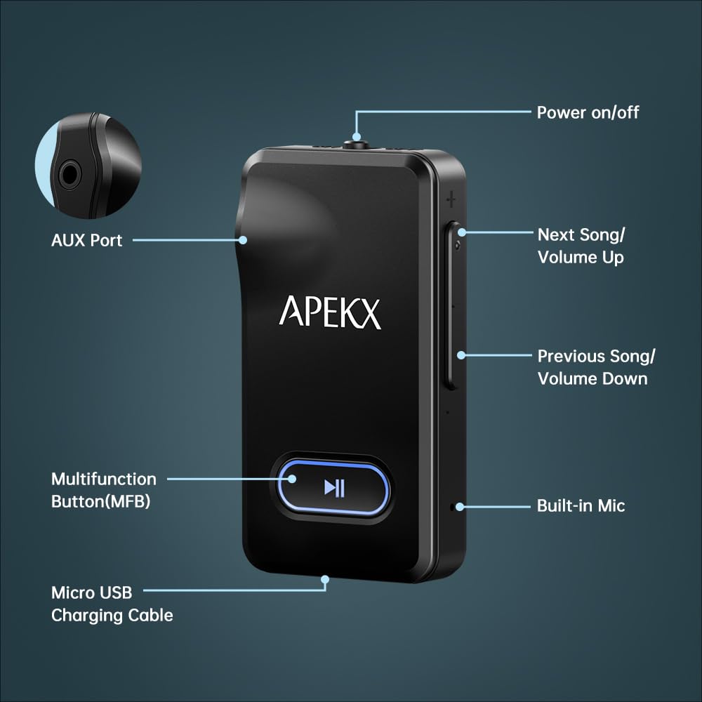 Apekx Bluetooth Adapter For Car, Wireless 3.5Mm Aux Hi-Fi Audio Receiver With 15H Battery Life, For Home Stereo, Wired Headphone