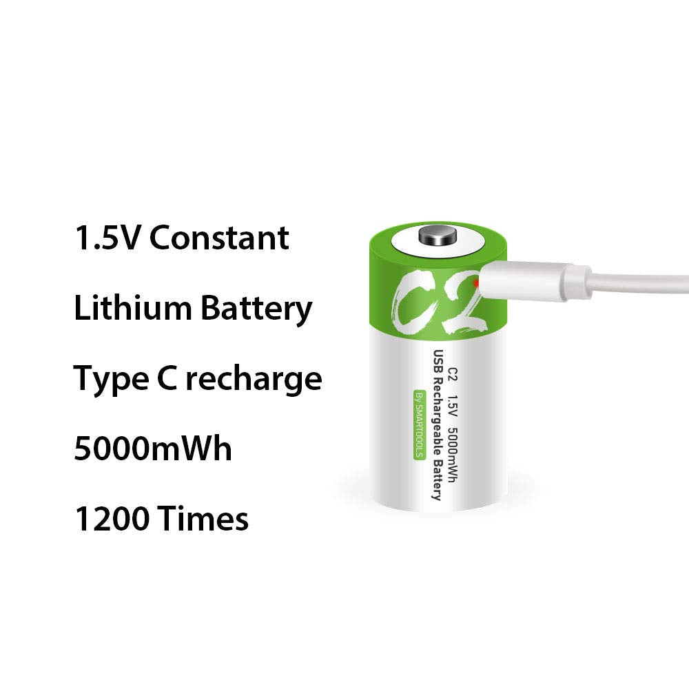 Lankoo Rechargeable C Batteries 1.5V 5000mWh USB Type C Lithium Ion White Green 2-Pack