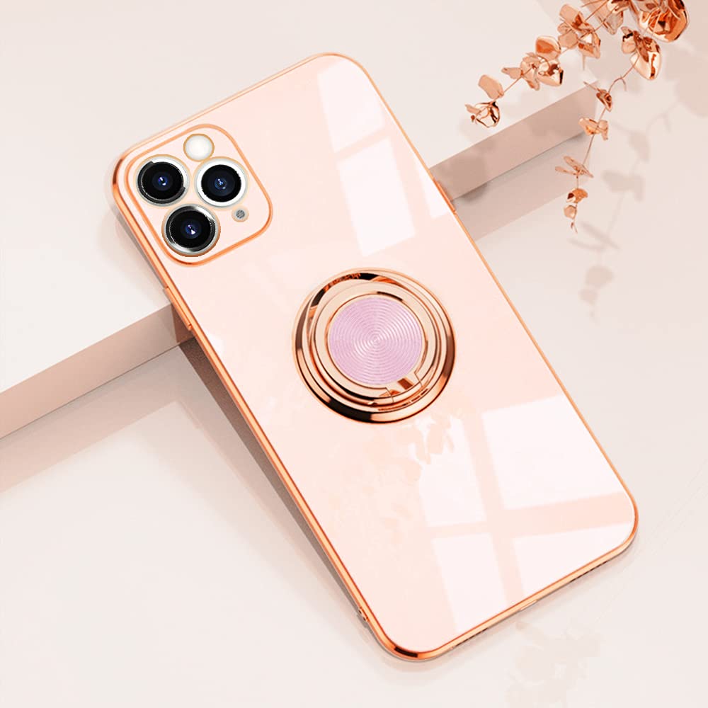 Omorro For Pink Iphone 11 Pro Case With Ring Holder, Built In Rotation Ring Kickstand Cover Case With Luxury Shiny Plating Rose