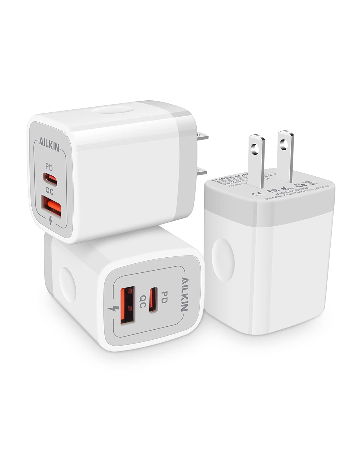 3Pack Dual Port USB-C Wall Plug-in USBC Charger, AILKIN 20W Power Delivery + QC3.0 USB A Double Port Fast Charging Block for iPh