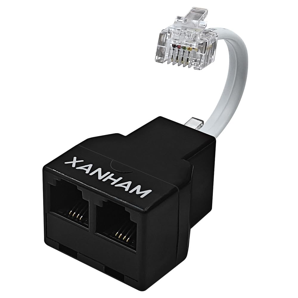 Xanham Phone Cable 2 Way Splitter Rj11 6P4C Telephone Line Cord Adapter With 3 Inch Cable For Landline Phone Wire, Black, Av0120