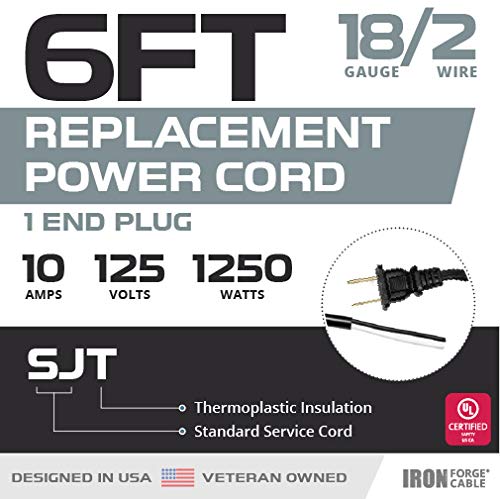Iron Forge Cable 18 Awg Replacement Power Cord With Open End   6 Ft Black Extension Cable 2 Prong, 2 Wire 18/2 Sjt