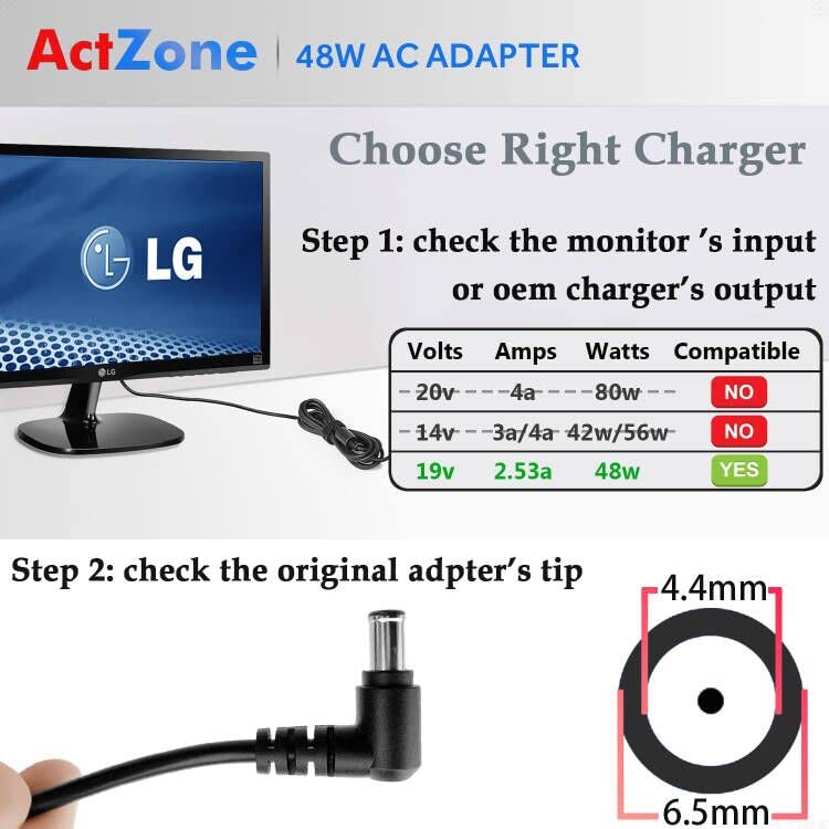 Dc 19V Power Cord Tv Charger For Lg Electronics 19' 20' 22' 23' 24' 27' Led Lcd Monitor Widescreen Hdtv 24M47H P 24Mp55Hq, Samsung 32' J5205 J5003 H5000 Un32J4000 Un32J4000Af Un32J5205 A4819 Fdy