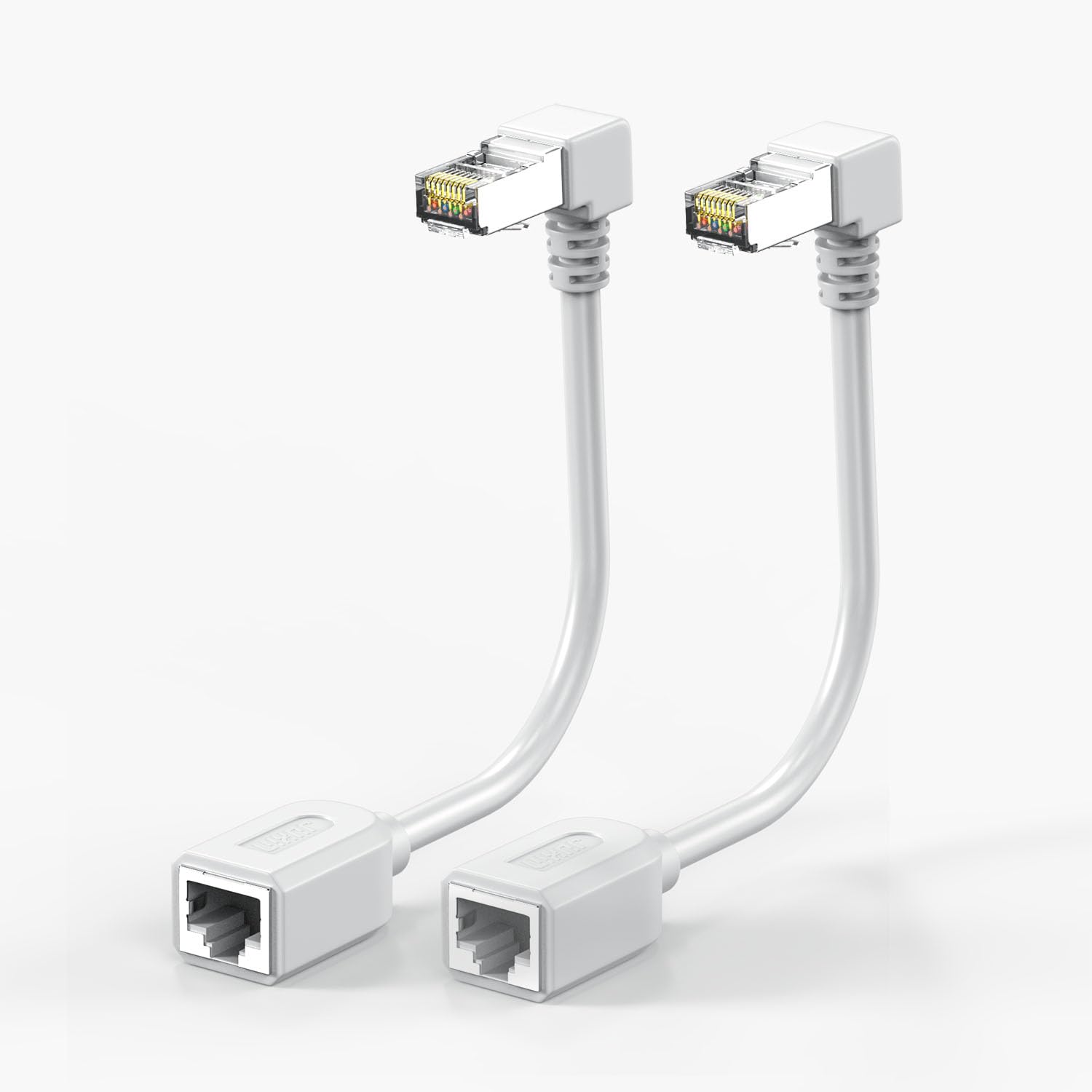 2Pack Cat6 Ethernet Extension Cable White 90 Degree Short Cat 6 Cable Extender Right Angle Up Angle, Rj45 Network Patch Cord Adapter