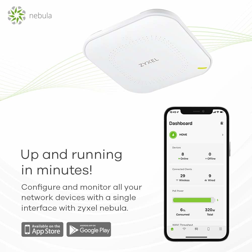 Zyxel Wifi 6 Ax1800 Wireless Gigabit Access Point | Mesh, Seamless Roaming, & Mu Mimo | Wpa3 Psk Security | Cloud, App Or Direct Management | Poe+ Or Ac Powered | Ac Adapter Included | Nwa50Ax