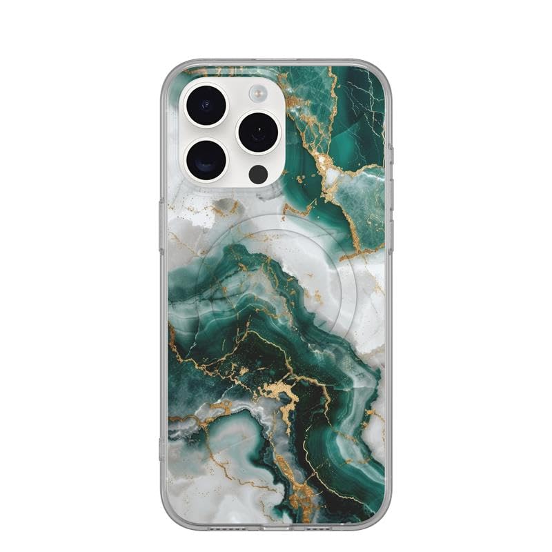 Katti Case Premium Marble Pattern Case for The iPhone 14 Pro Max - Deep Green and White Design with Silver and Gold Leaf Accents