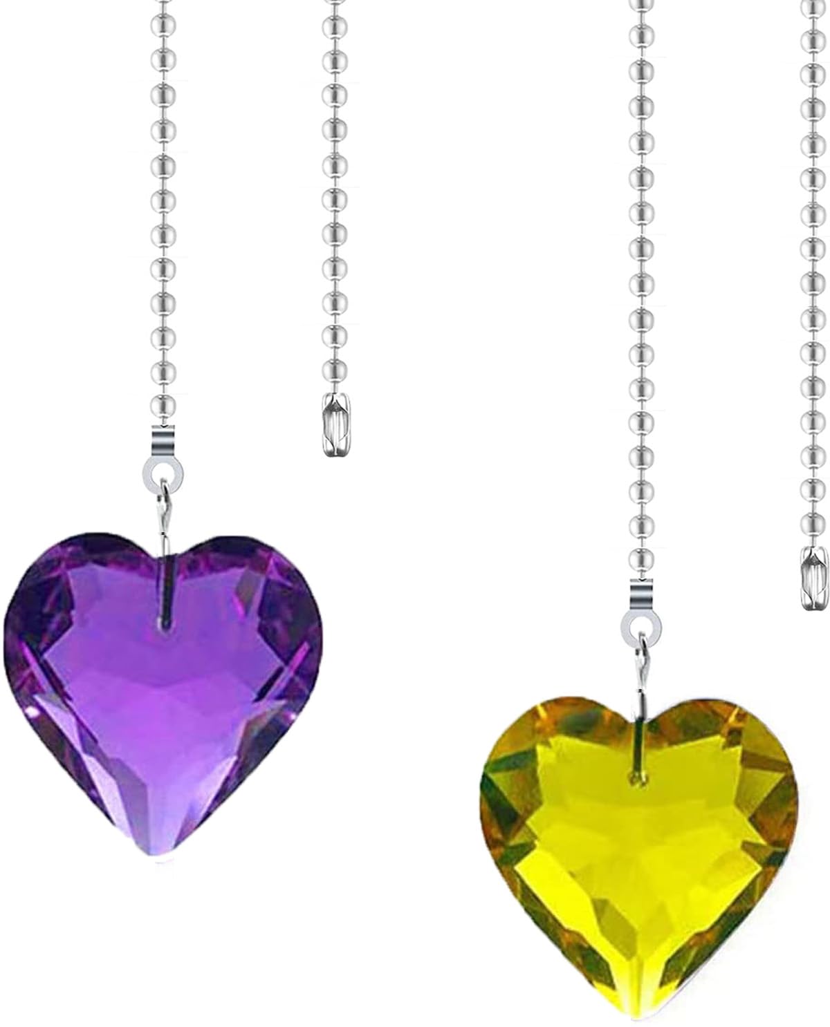 Hyamass 2Pcs Crystal Heart Prisms Pendant Ceiling Fan Pull Chain Extender With Ball Chain Connector (Golden Yellow+Purple)
